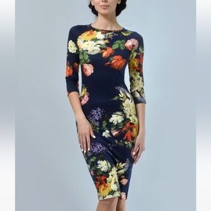 Navy blue and floral bodycon midi dress womens small
